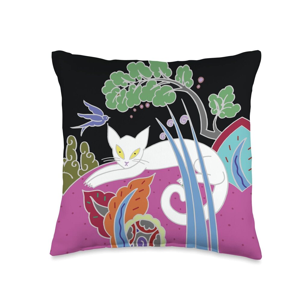 1441 White Cat Art Deco Throw Pillow